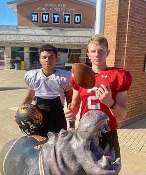 Hutto senior Alex Green, left, is the leading receiver in Texas for the regular season. Hippo quarterback Will Hammond is the No. 1 passer. And according to MaxPreps, Green leads the country in average receiving yards per game.