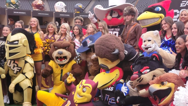 Mascots gather for a photo at the Big 12 Conference's media day at Allegiant Stadium in Las Vegas on July 9, 2024.