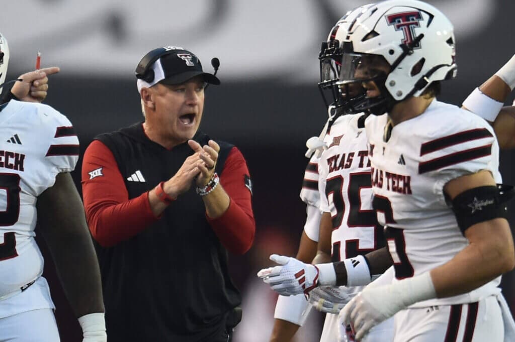 Sep 7, 2024; Pullman, Washington, USA; Texas Tech Red Raiders head coach Joey McGuire looks on in the first half against the Washington State Cougars at Gesa Field at Martin Stadium. Mandatory Credit: James Snook-Imagn Images